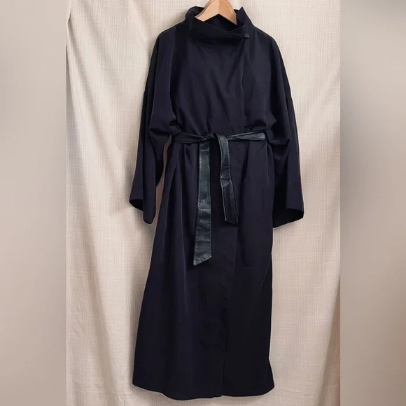 Vintage 90s Maxi Duster Coat Cinched Waist Leather Belt Dark Romance